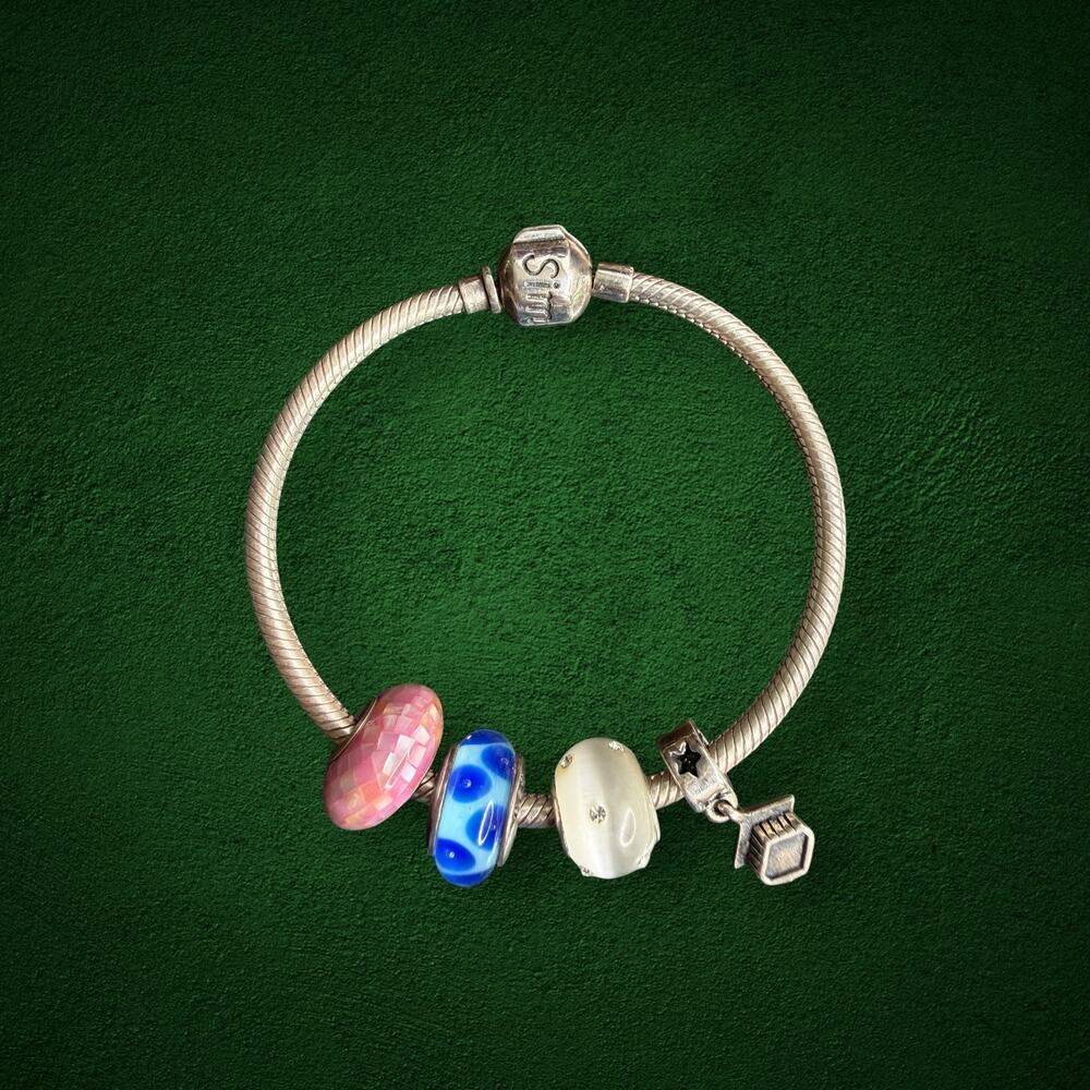 Sim Stars 925 Sterling Silver 6.5” Charm Bracelet Glass Beads Graduation Cap